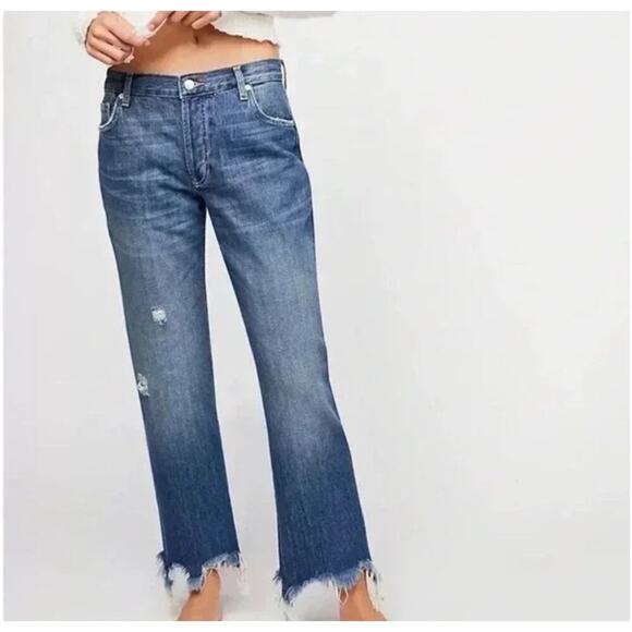 Free People We The Free Maggie Mid Rise Straight in Sequoia Blue Size 26 Raw Hem - Picture 1 of 12